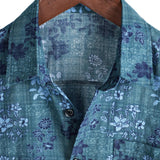 Chemise Retro en Coton Casual à Manches Courtes avec Poche Fleurie en Couleur Bleue pour Hommes