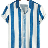 Chemise Casual Homme à Manches Courtes à Rayures Verticales Bleues en Coton Vintage