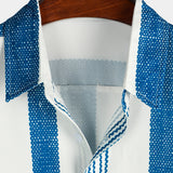 Chemise Casual Homme à Manches Courtes à Rayures Verticales Bleues en Coton Vintage