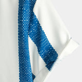 Chemise Casual Homme à Manches Courtes à Rayures Verticales Bleues en Coton Vintage