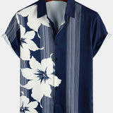 Chemise à Manches Courtes Aloha Vintage Bleu Marine avec Motif de Fleurs et Rayures Verticales pour Hommes