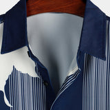 Chemise à Manches Courtes Aloha Vintage Bleu Marine avec Motif de Fleurs et Rayures Verticales pour Hommes