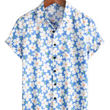 Chemise d'été pour homme en coton à fleurs, décontractée, coupe ajustée, à manches courtes, couleur bleu clair