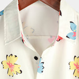 Chemise Blanche à Manches Courtes en Coton avec Motif Floral Estival pour Hommes