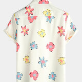 Chemise Blanche à Manches Courtes en Coton avec Motif Floral Estival pour Hommes