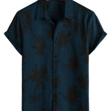 Chemise à manches courtes en coton style hawaïen avec imprimé palmiers pour hommes, bleu marine