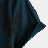 Chemise à manches courtes en coton style hawaïen avec imprimé palmiers pour hommes, bleu marine