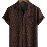Chemise à Manches Courtes en Coton avec Poche au Motif Géométrique Rétro en Couleur Marron pour Hommes