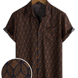 Chemise à Manches Courtes en Coton avec Poche au Motif Géométrique Rétro en Couleur Marron pour Hommes