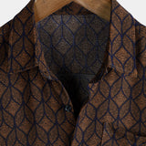 Chemise à Manches Courtes en Coton avec Poche au Motif Géométrique Rétro en Couleur Marron pour Hommes