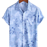 Chemise Rétro en Coton à Manches Courtes avec Motif Floral Bleu pour Hommes