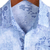 Chemise Rétro en Coton à Manches Courtes avec Motif Floral Bleu pour Hommes
