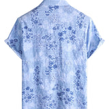 Chemise Rétro en Coton à Manches Courtes avec Motif Floral Bleu pour Hommes