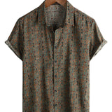 Chemise pour Homme en Coton de Style Vintage avec Motif Paisley des Années 70 avec Boutons Bruns dans un Style Boho Retro Tribal, Manches Courtes