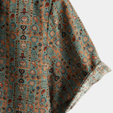 Chemise pour Homme en Coton de Style Vintage avec Motif Paisley des Années 70 avec Boutons Bruns dans un Style Boho Retro Tribal, Manches Courtes