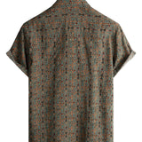 Chemise pour Homme en Coton de Style Vintage avec Motif Paisley des Années 70 avec Boutons Bruns dans un Style Boho Retro Tribal, Manches Courtes