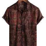 Chemise en Coton pour Homme au Style Rétro avec Motif Floral Paisley, avec Boutons, Vintage, pour les Vacances, Style Occidental, Marron, Manches Courtes