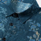 Chemise Casual à Manches Courtes en Coton avec Motif Floral Aquarelle en Couleur Bleue pour Hommes