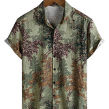 Chemise Casual pour Homme à Manches Courtes de Style Vintage en Vert avec Motif Woodland