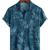 Chemise Casual à Manches Courtes en Coton avec Motif Floral Aquarelle en Couleur Bleue pour Hommes