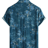 Chemise Casual à Manches Courtes en Coton avec Motif Floral Aquarelle en Couleur Bleue pour Hommes