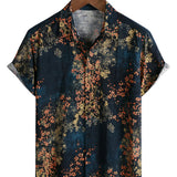 Chemise Casual à Manches Courtes en Coton avec Motif Floral Abstrait de Couleur Marine pour Hommes