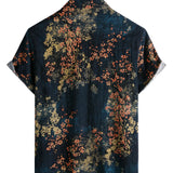 Chemise Casual à Manches Courtes en Coton avec Motif Floral Abstrait de Couleur Marine pour Hommes