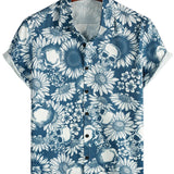 Chemise hawaïenne en coton avec des boutons en forme de crâne de tournesol pour hommes, manches courtes, bleue, rock and roll