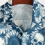 Chemise hawaïenne en coton avec des boutons en forme de crâne de tournesol pour hommes, manches courtes, bleue, rock and roll