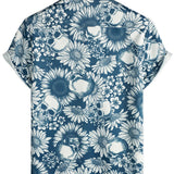 Chemise hawaïenne en coton avec des boutons en forme de crâne de tournesol pour hommes, manches courtes, bleue, rock and roll