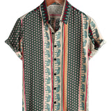 Chemise Verte à Manches Courtes en Coton avec Motif Éléphant à Rayures pour Hommes