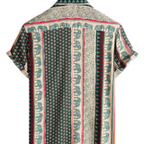 Chemise Verte à Manches Courtes en Coton avec Motif Éléphant à Rayures pour Hommes