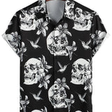 Chemise Hawaïenne Noire à Manches Courtes pour Hommes avec Crâne, Colibri et Style Punk Rock