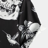 Chemise Hawaïenne Noire à Manches Courtes pour Hommes avec Crâne, Colibri et Style Punk Rock