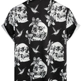 Chemise Hawaïenne Noire à Manches Courtes pour Hommes avec Crâne, Colibri et Style Punk Rock