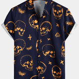 Chemise Aloha en Coton à Manches Courtes avec Boutons et Motif de Crâne Orange pour Hommes