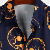 Chemise Aloha en Coton à Manches Courtes avec Boutons et Motif de Crâne Orange pour Hommes