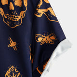 Chemise Aloha en Coton à Manches Courtes avec Boutons et Motif de Crâne Orange pour Hommes