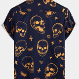 Chemise Aloha en Coton à Manches Courtes avec Boutons et Motif de Crâne Orange pour Hommes