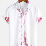 Chemise en Coton d'Été à Manches Courtes avec Bouton et Imprimé Fleurs Hawaïennes pour Hommes