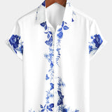 Chemise en Coton d'Été à Manches Courtes avec Bouton et Imprimé Fleurs Hawaïennes pour Hommes