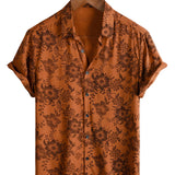 Chemise en Coton pour Homme Vintage à Fleurs Marron pour l'Été avec Boutons et Manches Courtes Respirante