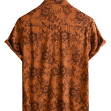 Chemise en Coton pour Homme à Manches Courtes avec Boutons, Motif Floral Vintage Marron, Respirante pour les Vacances