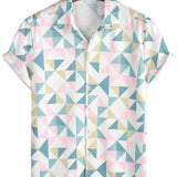 Chemise en Coton d'Été à Manches Courtes avec Motif Géométrique en Triangles pour Hommes
