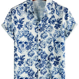 Chemise à Manches Courtes en Coton avec Motif de Crâne et Fleurs Punk Rock pour Hommes