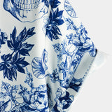 Chemise à Manches Courtes en Coton avec Motif de Crâne et Fleurs Punk Rock pour Hommes