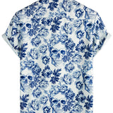 Chemise à Manches Courtes en Coton avec Motif de Crâne et Fleurs Punk Rock pour Hommes