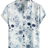 Chemise Casual à Manches Courtes en Coton avec Bouton et Motif de Crâne pour Hommes