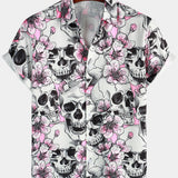 Chemises pour Hommes à Manches Courtes en Coton avec Crânes et Fleurs Roses