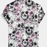 Chemises pour Hommes à Manches Courtes en Coton avec Crânes et Fleurs Roses